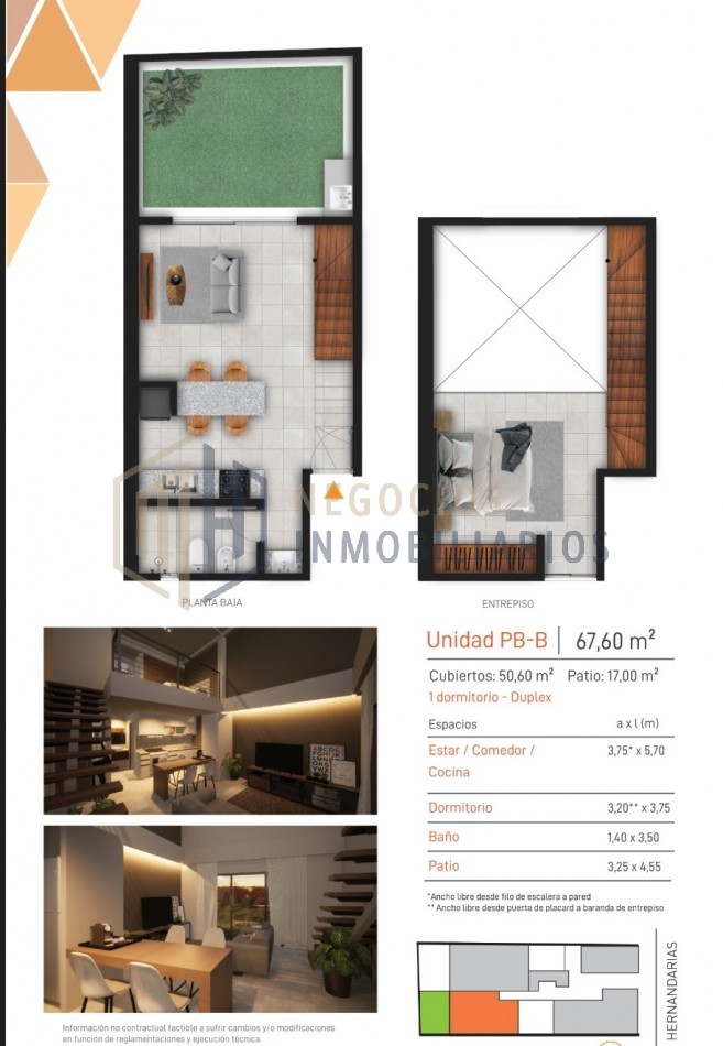 Departamento en pozo de 1 dormitorio PB tipo duplex con patio