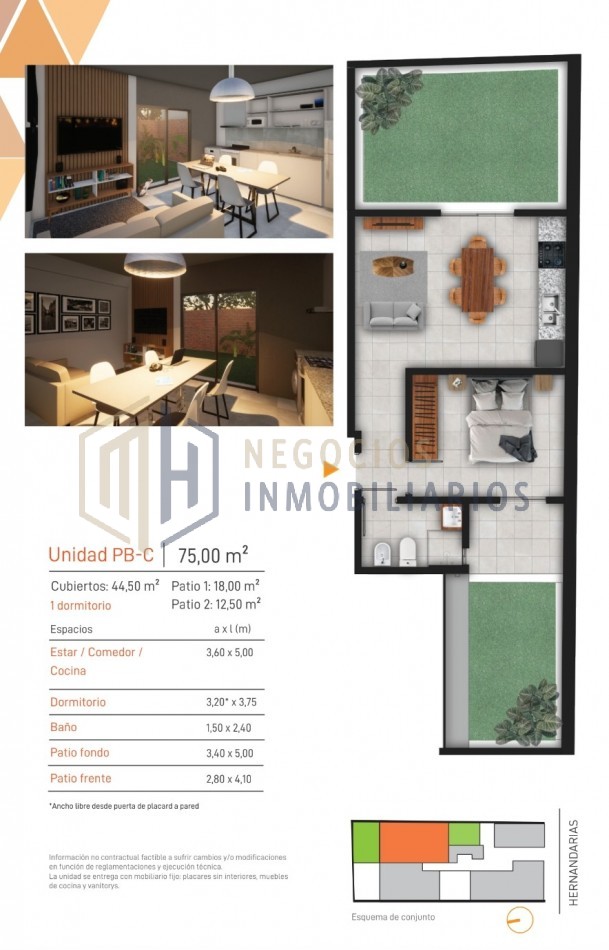 Departamento en pozo de 1 dormitorio PB con dos patios