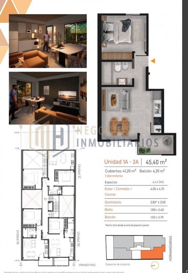 Departamento en pozo de 1 dormitorio Segundo piso